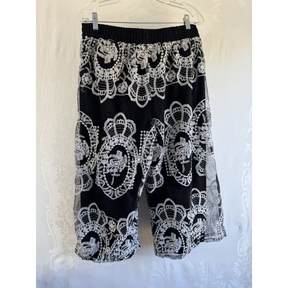 LIV Los Angeles Black Tulle White Embroidered Lined Wide Leg Palazzo Pants